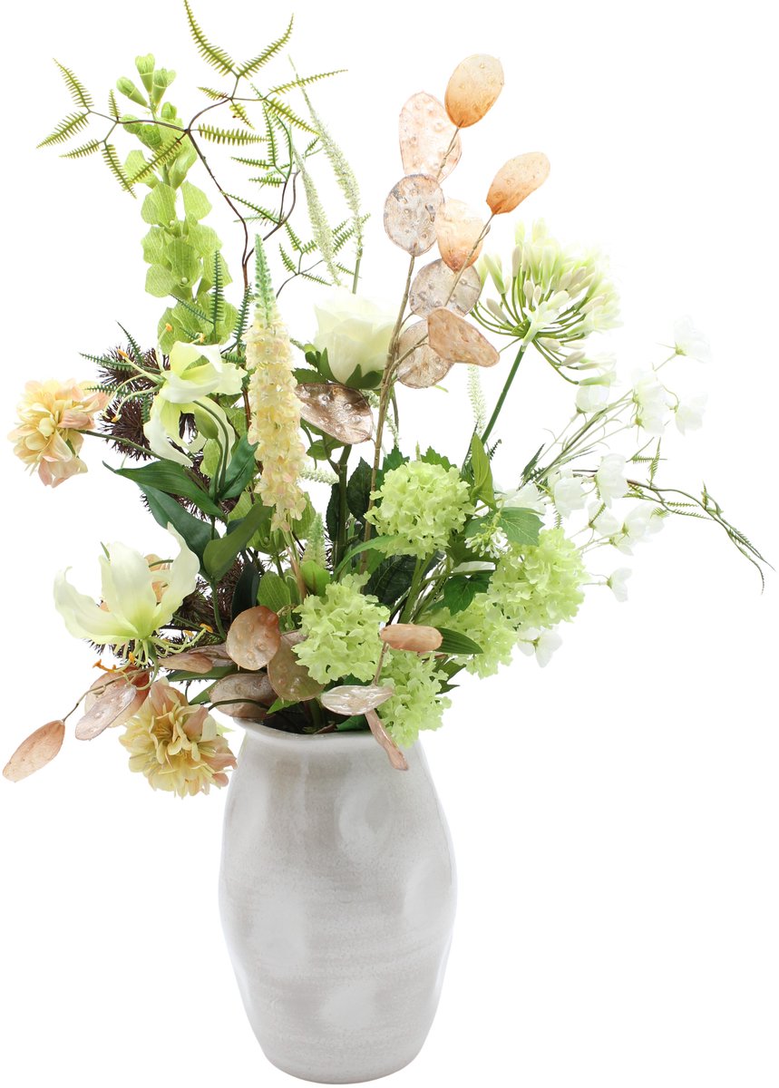 Bloemenjunkie - Kunstbloemen - Zijden Bloemen Boeket - Veldboeket - Luxe - Onderhoudsvrij - 70cm hoog - 12 Stelen - Witte bloemen - Gloriosa - juddaspenning - agapanthus - viburnum - Lente - Voorjaar - Nepbloemen
