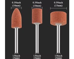 3 Stuks - Multitool aluminiumoxide slijpsteen cilindrisch Ø10, Ø15mm en conisch Ø10mm inclusief standaard opspandoorn Ø3mm voor Dremel - Slijpen