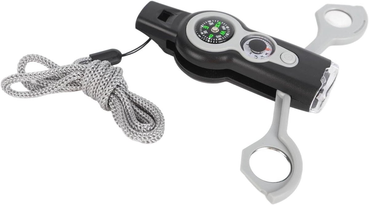 Allecto Plus - Multifunctioneel Noodfluitje met Thermometer, Kompas, LED-verlichting en Bolle Spiegel - Ideaal voor Camping Avontuur en Rotsklimmen - Geschikt voor Kinderen en Off-road Activiteiten - SOS Brandweerredding - Kleur: Grijs