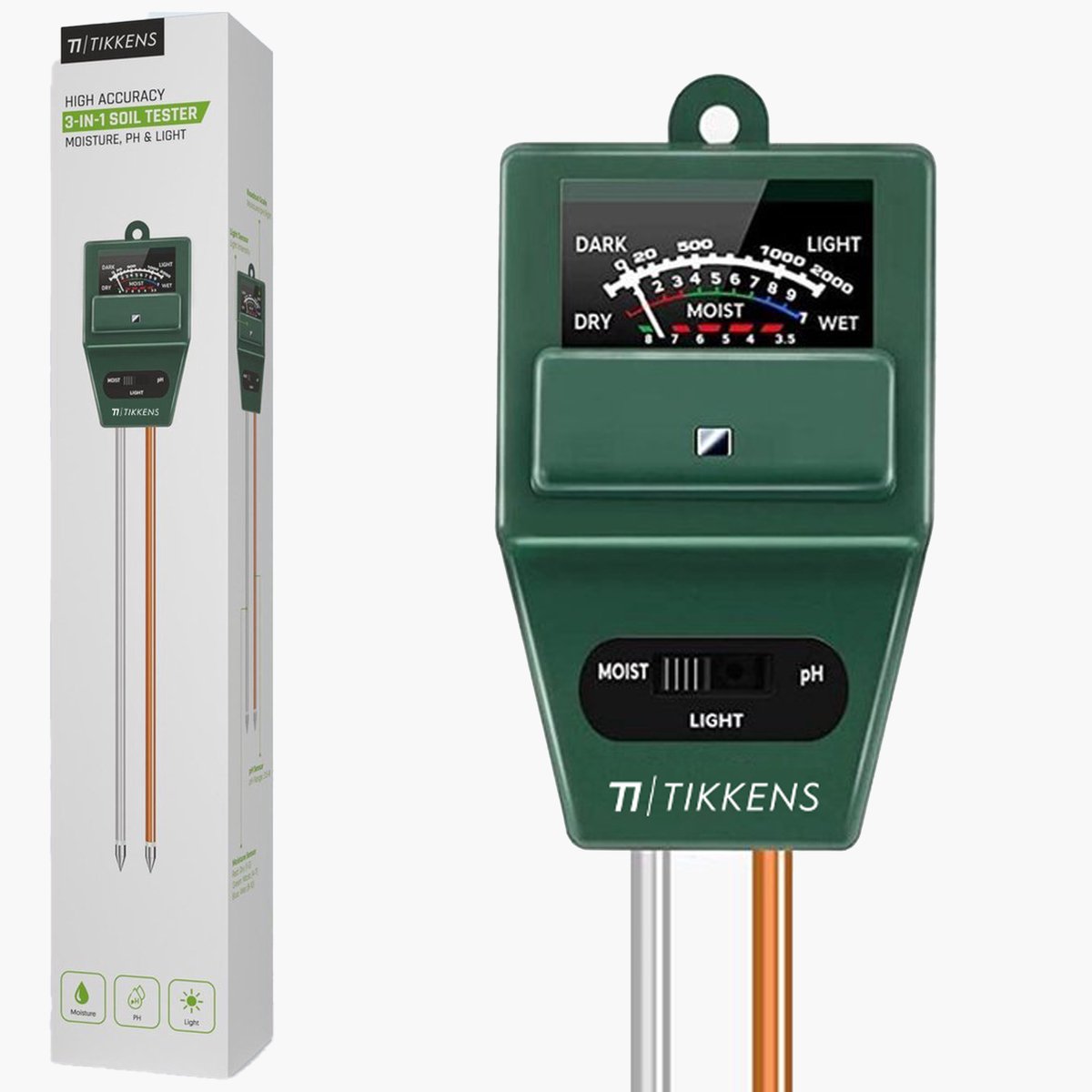TIKKENS® PH Meter Grond - Vochtmeter Bodem Planten - Vochtigheidsmeter Planten - Lichtmeter - 3 in 1 - Bloemen/Planten - Tuinaarde Testen - Vochtmeters
