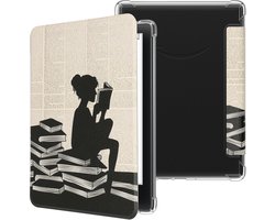 kwmobile ereader hoesje geschikt voor Amazon Kindle Paperwhite (2024) / Colorsoft hoes - E reader flip case met magneetsluiting - Kunstleren e book sleeve - Meisje met boeken design