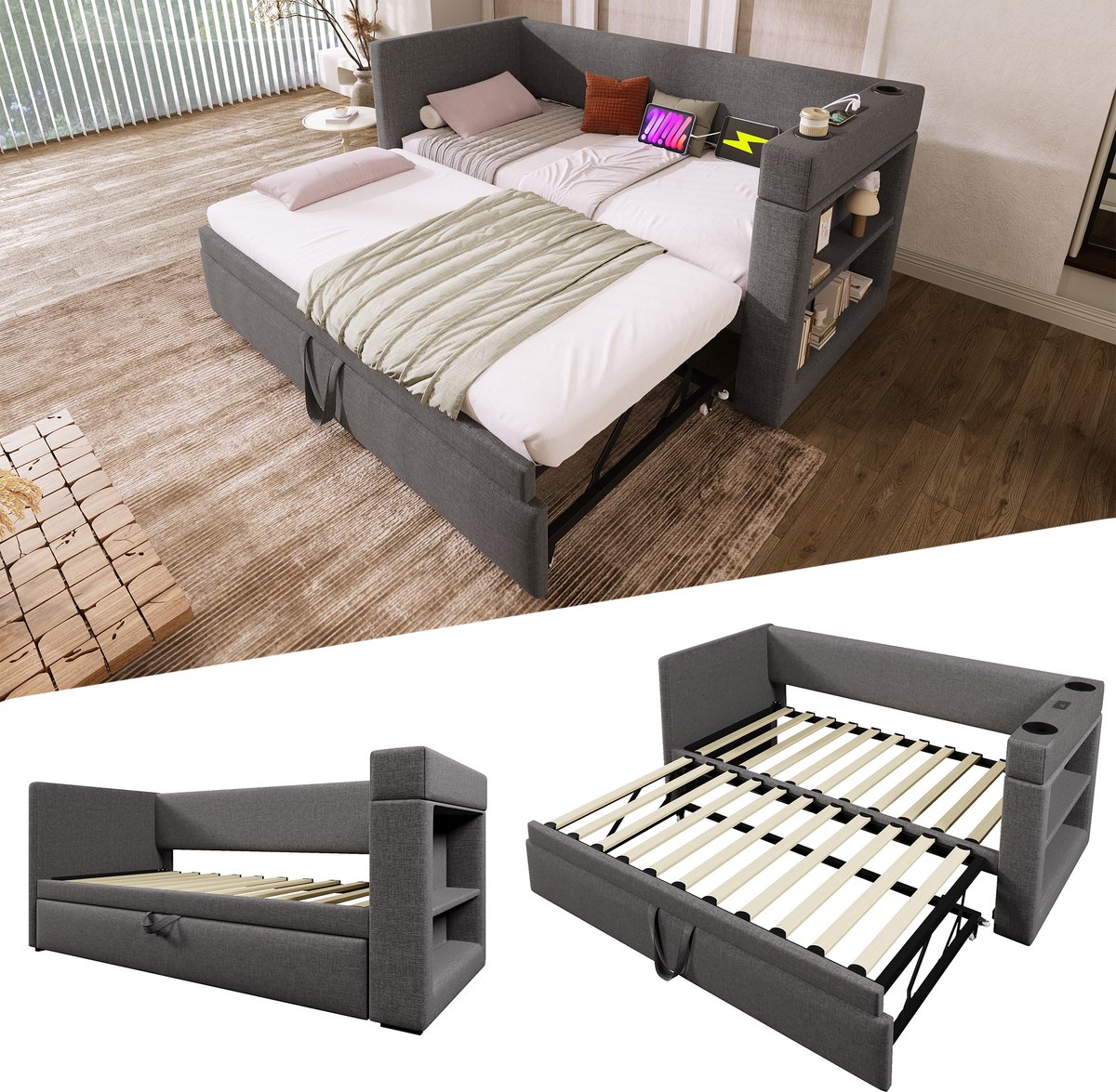 Slaapbank 90x190 cm - eenpersoonsbed met uitschuifbaar bed - armleuningen met USB- en Type
