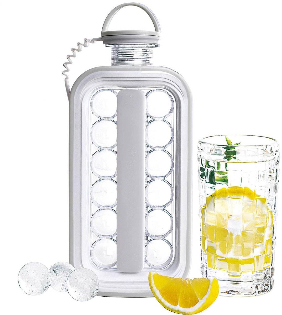 2-in-1 Draagbare IJsballenmaker & Waterfles Serie - 17 Ronde IJsballen - BPA-vrij - Lekdicht Design - Geschikt voor Sport & Outdoor (Grijs)