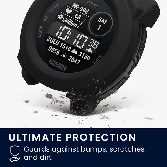 Zwarte TPU-beschermhoes op een horloge dat spetters en vuil afweert.