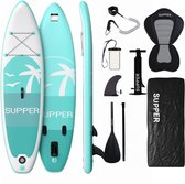 Supper Sup Board XL - Max. 220KG - Opblaasbaar – Paddle Board – Waterdicht Telefoonhoesje – Zitje - Pomp – Vin – Leash – Draagtas – 335 x 81 cm - Turqoise