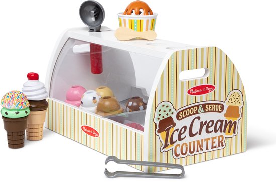 Houten ijskar met diverse ijssalons in hoorntjes en bakjes. Inclusief tang.