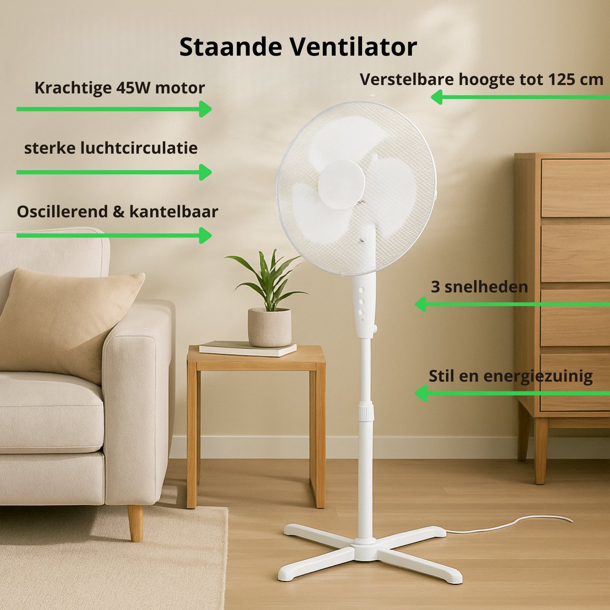 Staande Ventilator (wit of zwart, 40 cm, 3 standen, 45W, verstelbaar)