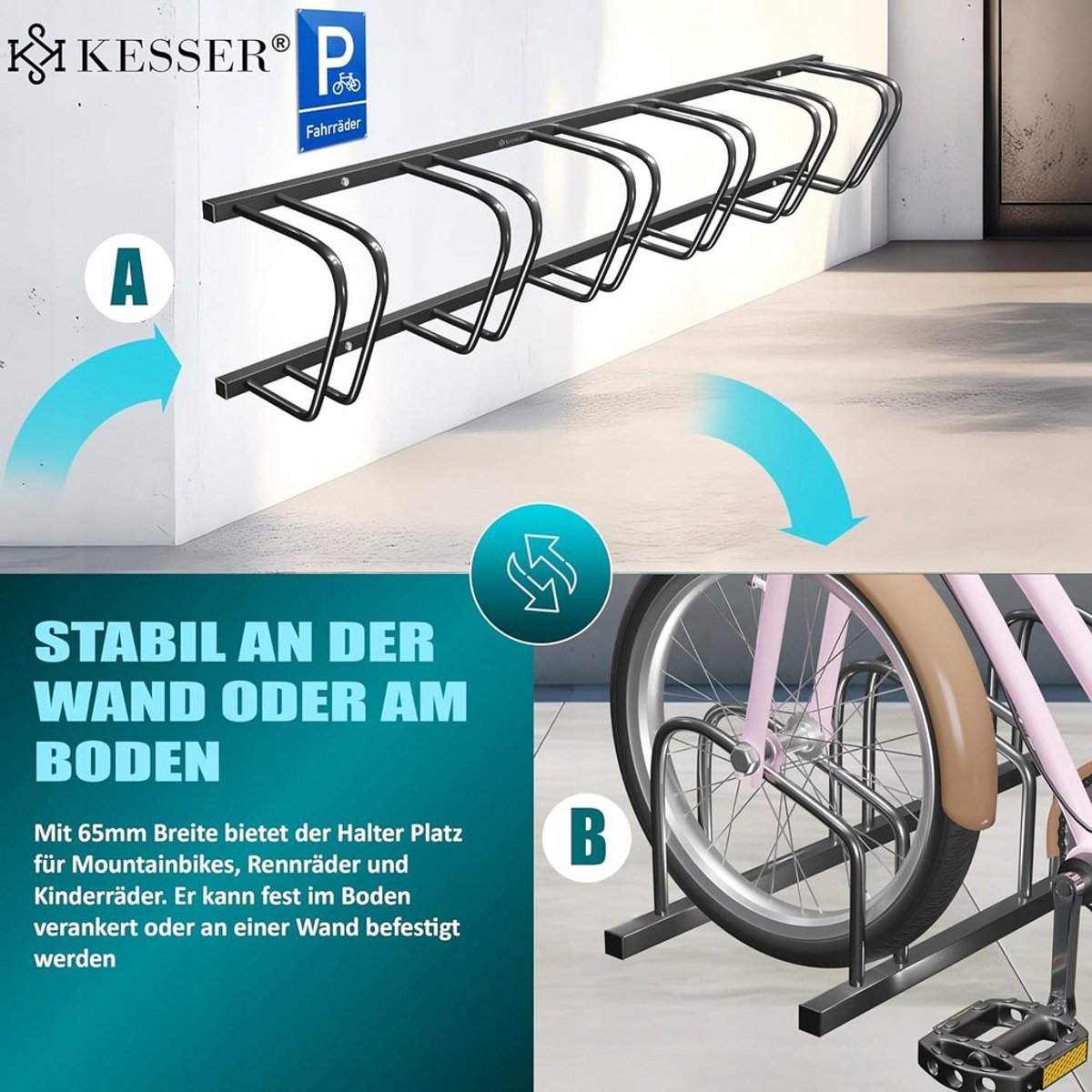 Fietsrek / fietstandaard voor 6 fietsen – lengte 160 cm – 37 cm wielafstand voor bandbreedtes van 30-65 mm -zwart