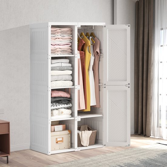 Kledingkasten, draagbare slaapkamerkast, modulaire vouwkast met magnetische deuren en 1 hangroede, kleine kunststof kledingkast voor woon- en slaapkamer, 136x69x50 cm(wit)