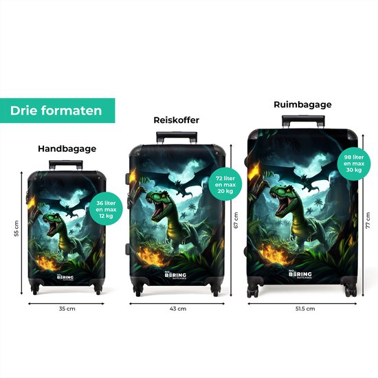 NoBoringSuitcases.com® - Grande valise - Valise de voyage légère - Dinosaurus et dragon dans une vallée de jungle enflammée - Trolley à 4 roues - Grand trolley XL - 98 litres de bagages