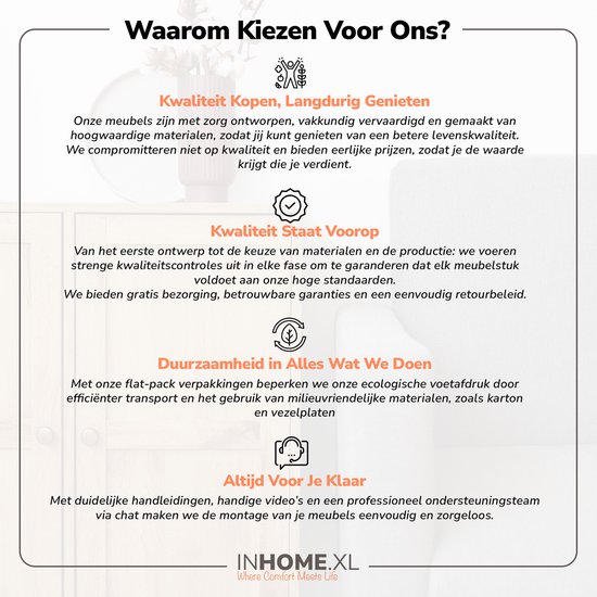 Afbeelding toont uitleg over kwaliteit, duurzaamheid, montage en service met iconen.