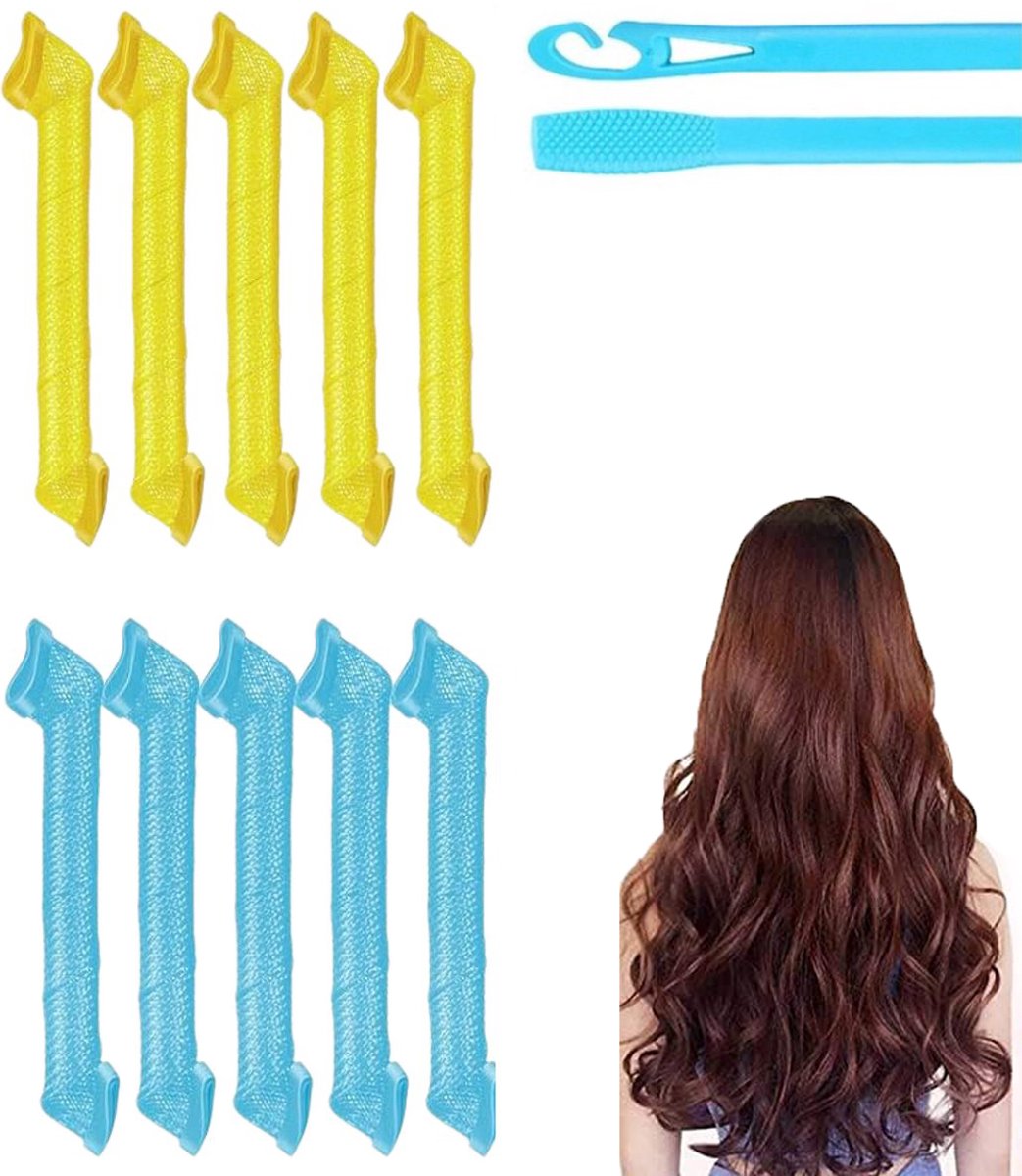 heatless curls - Heatless waves - 12x 30cm Blauw & geel heatless curls - Hair Curler - Haar rollers - Krullen Zonder Hitte - Krulspelden- Heatless curls