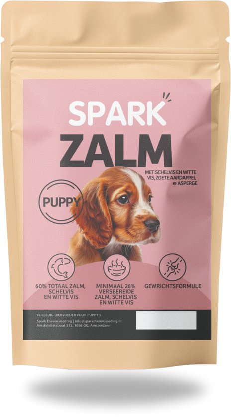 Spark Zalm puppy voeding. Met afbeelding van een puppy, 60% zalm, schelvis en witte vis.