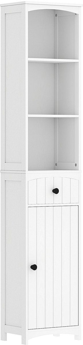 Merax Hoge Badkamerkast Wit Met 3 Open Vakken En Lade Smalle Opbergkast 34x24x170.5 cm