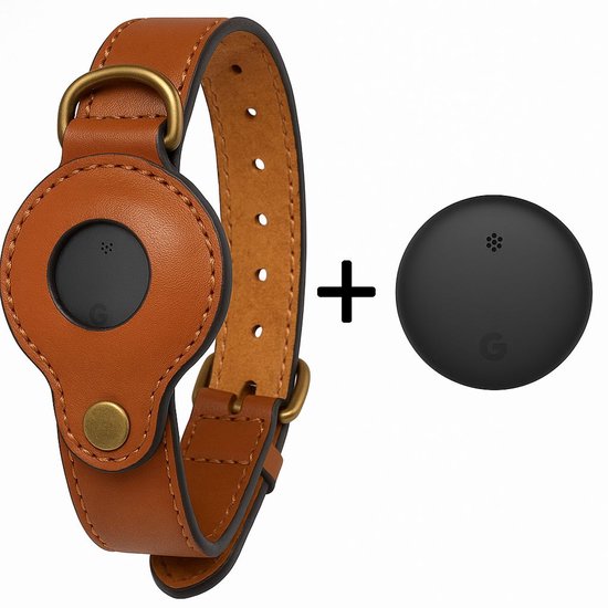 Bruine leren kattenhalsband met houder voor tracker, naast een ronde zwarte tracker. Tekst: Kattenhalsband + Bluetooth tracker. Works with Android.