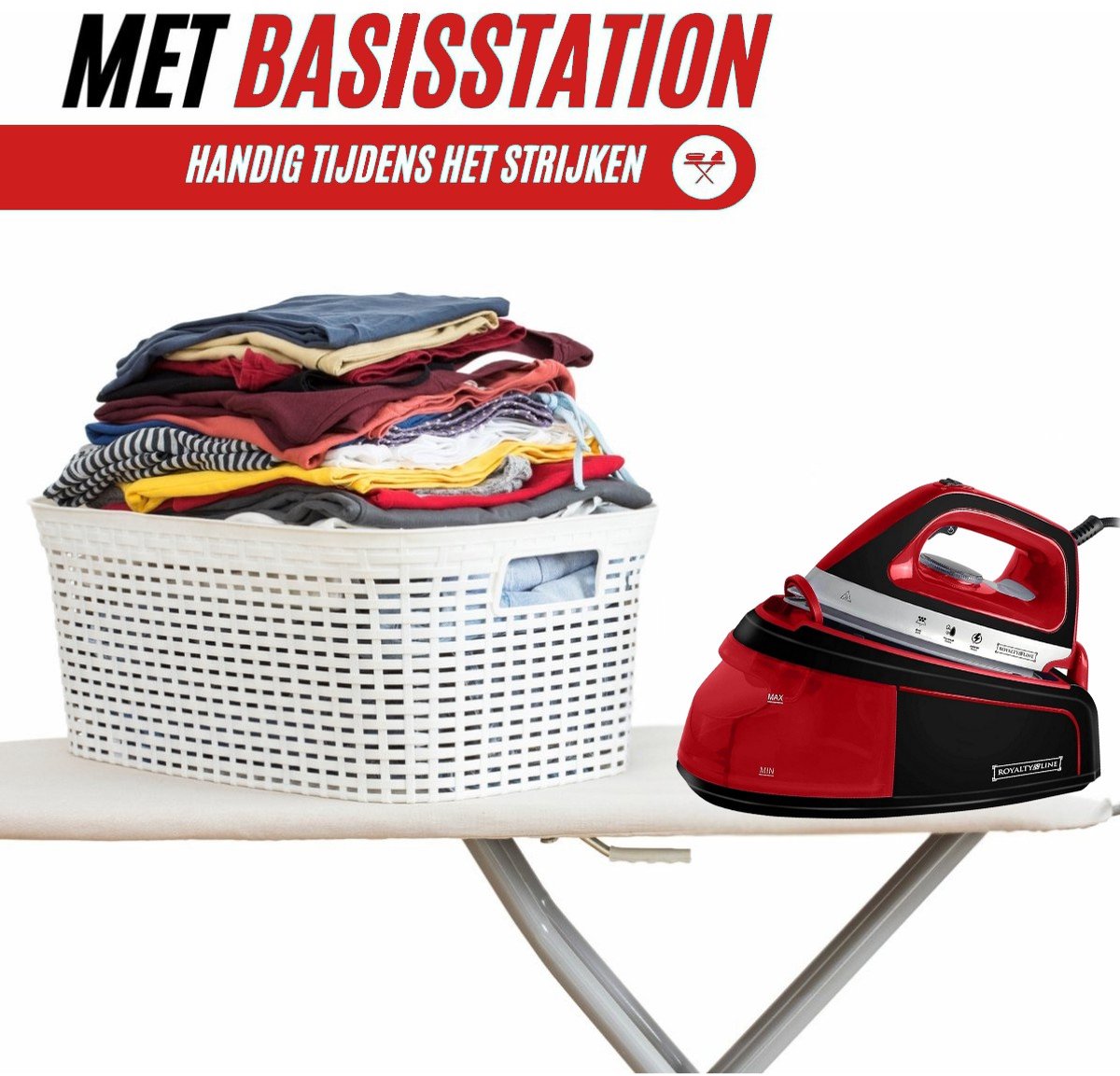 Royalty Line® DBST2300W Stoomstrijkijzer met Stoomgenerator - Strijkijzer - 2400W - Stoomstrijkijzers Met 1,2L Watertank - Iron - Keramische Zoolplaat - Rood — afbeelding 7