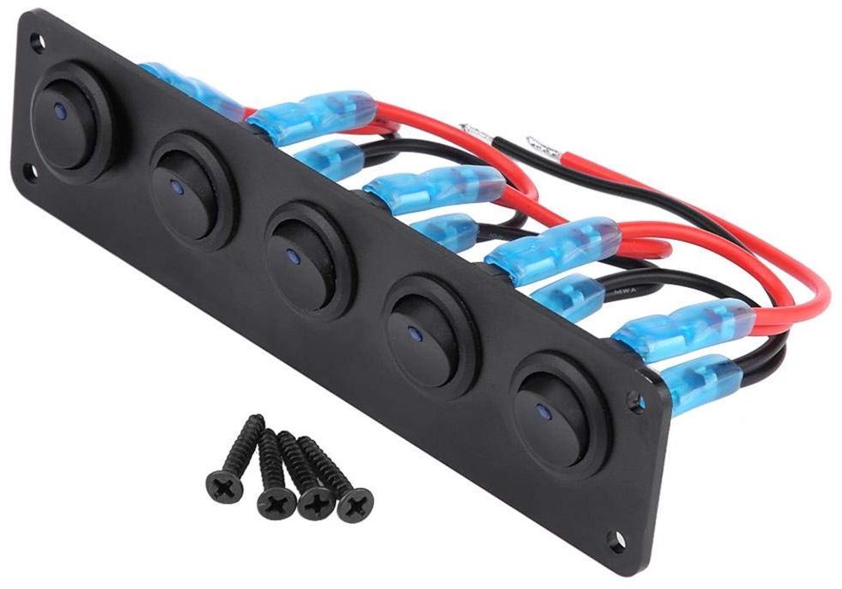 Allecto Plus - Schakelpaneel 5 Gang ABS + Aluminium met Blauwe LED Verlichting voor Auto's, Campers, Caravans en Boten met 12V-24V voltage