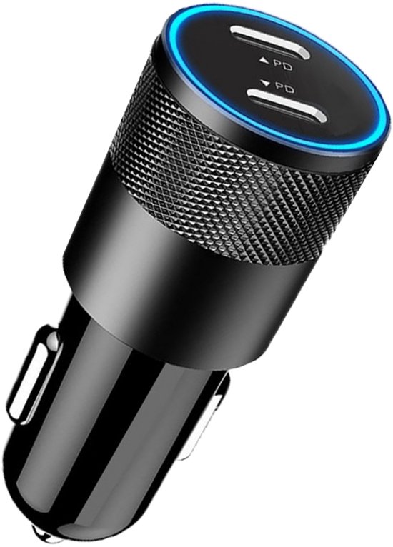 Zwarte autolader met twee USB-C PD-poorten en blauwe LED-ring.