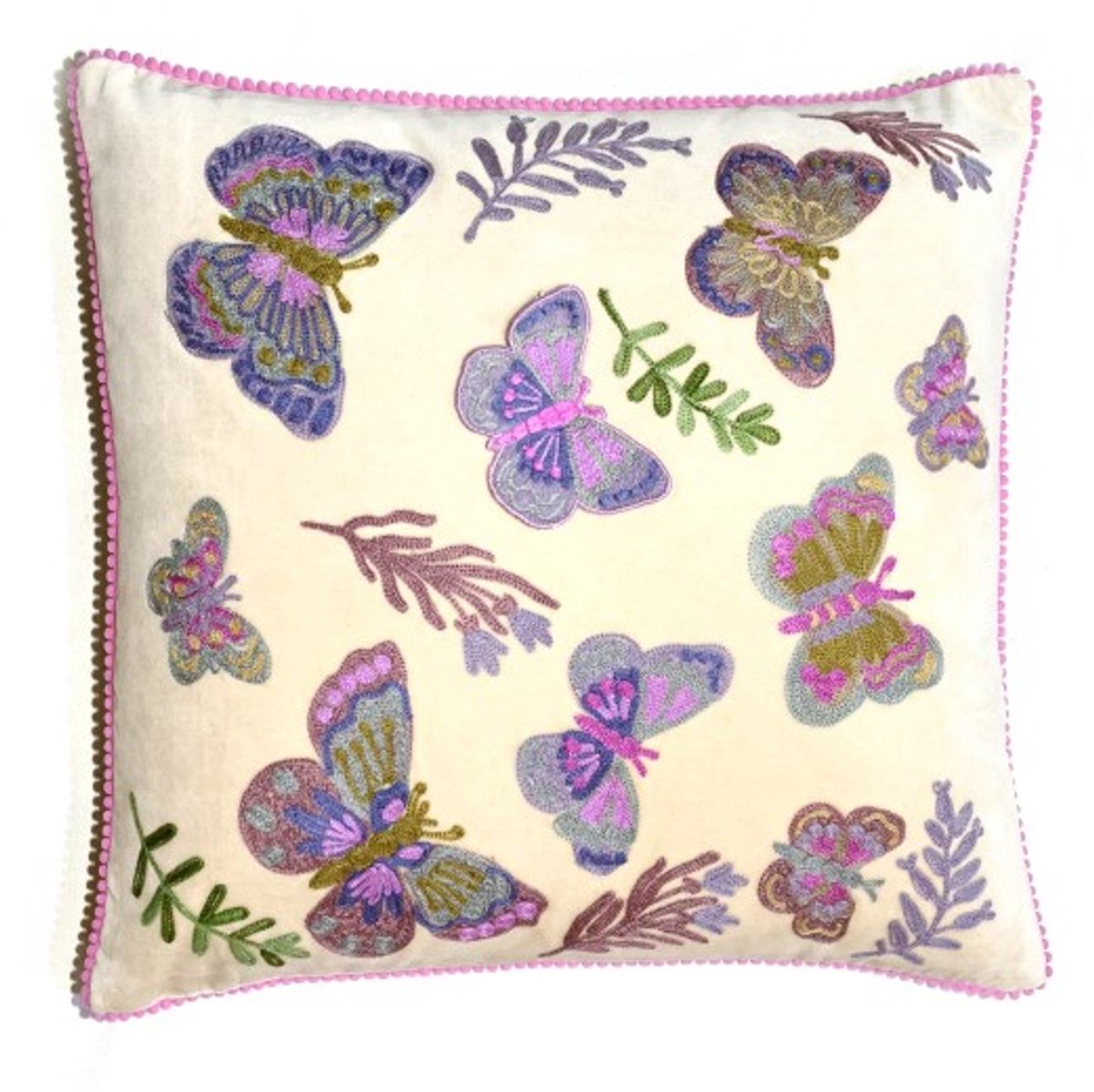 Only Natural sierkussen kussen velvet fluweel ivoor met geborduurde vlinders 45 x 45 cm