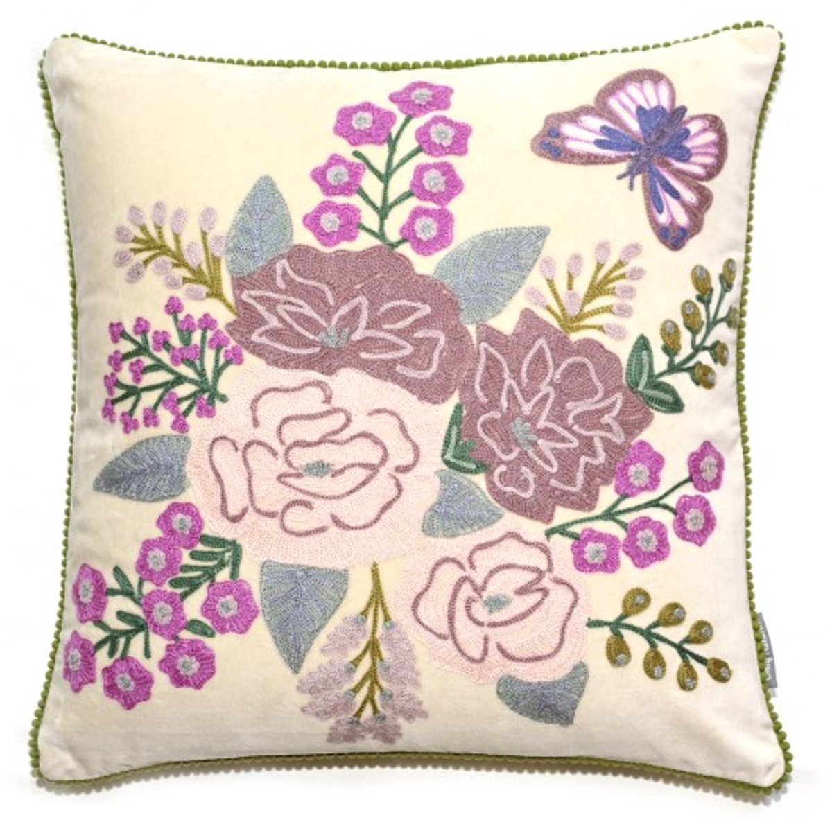 Only natural sierkussen kussen katoen velvet ivoor met geborduurde bloemen vierkant 45 x 45 cm