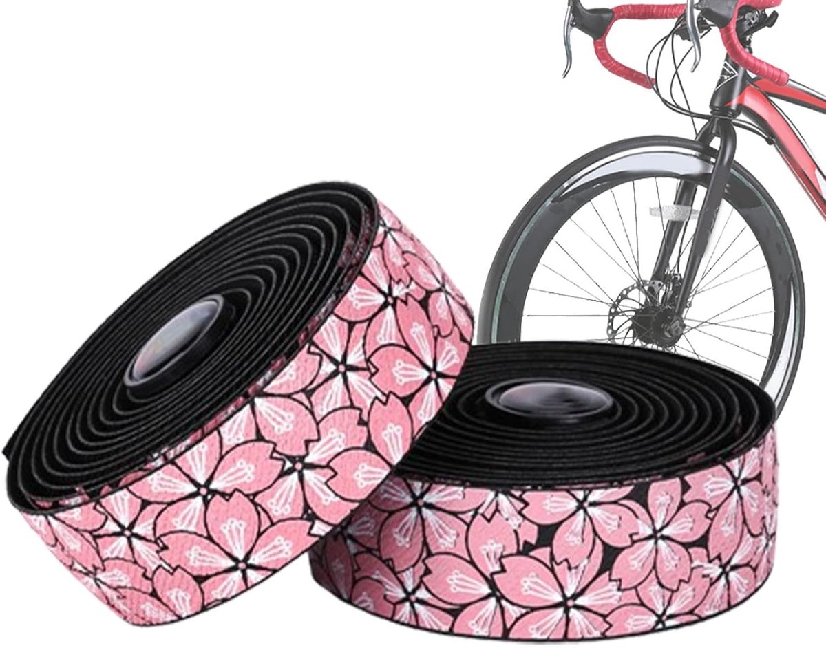 2 Rol Stuurlint - Fietsstuurband - 210*3*0.3CM rol - EVA-zelfklevend - Fietsstuur wrap tape met eindstop voor racefiets - Voor racefiets, mountainbike - Duurzaam, licht, antislip en schokdempend - Kersenbloesems - Zwart en Roze