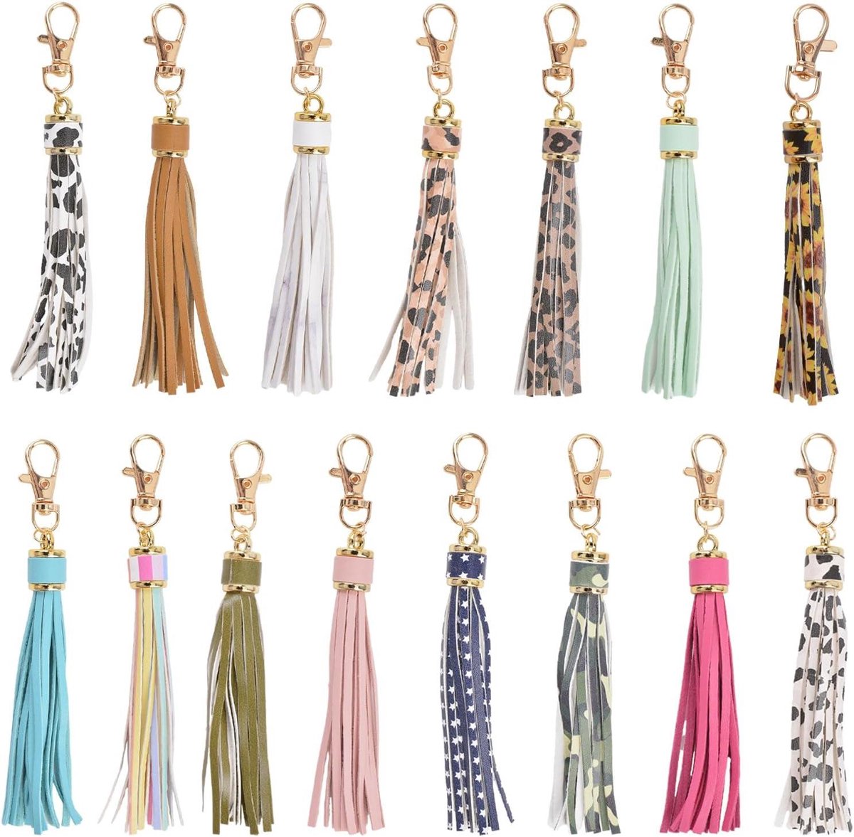 Allecto Plus - 15 stuks kunstleren kwastjes hanger met caps - DIY sleutelhanger deco - kleurrijk design