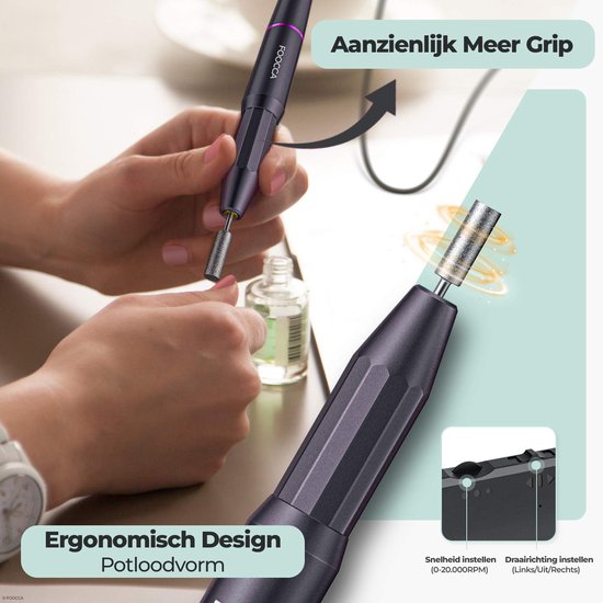 FOOCCA® Elektrische Nagelvijl - Nagelfrees 20000 RPM - Bedraad - FOOCCA Pen - 12 Bitjes + 55 Schuurrolletjes - Manicure en Pedicure Set - Ergonomische Aluminium Behuizing - Eeltverwijderaar - Kalknagels