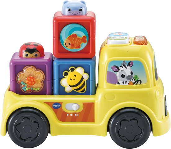 Gele speelgoedtruck met vier stapelblokken: lieveheersbeestje, bloem, vis, nijlpaard, bij en zebra. Met lichtjes.