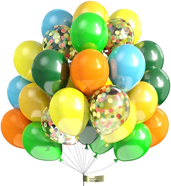 Luna Balunas 50 Stuks Latex Jungle Ballonnen Groen geel blauw Oranje Safari - Dinosaurus - Dieren - Eco friendly FSC