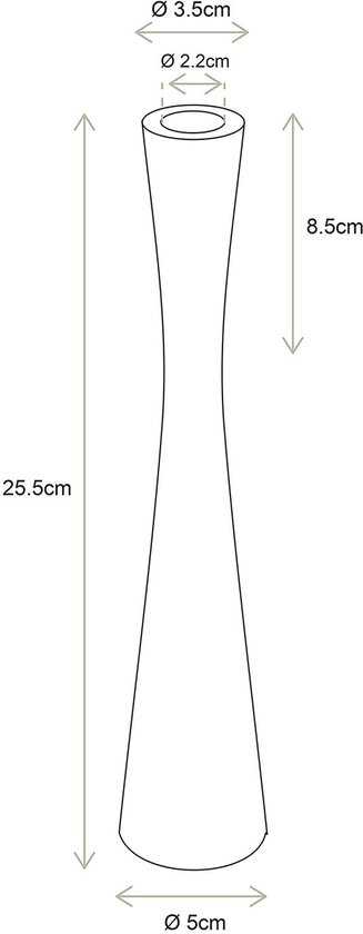 Technische tekening van een zwarte kandelaar met afmetingen: hoogte 25,5cm, diameter 5cm aan de onderkant, 2,2cm aan de bovenkant.