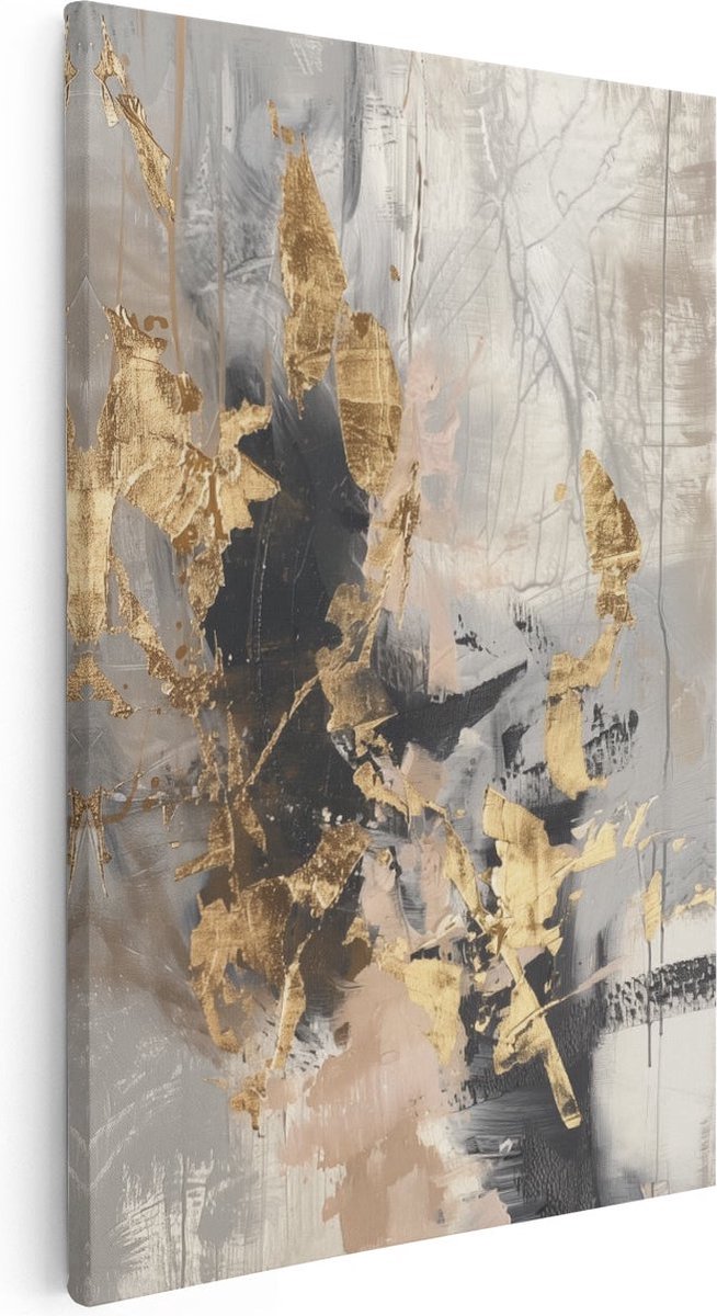 Artaza Canvas Schilderij Abstract Goud en Zwart - 80x120 cm - Groot - Wanddecoratie Woonkamer - Schilderijen - Muurdecoratie