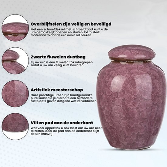 Paarse urn met bloemmotief. Informatie over schroefdeksel, fluwelen zak, handgemaakt en vilten pad.