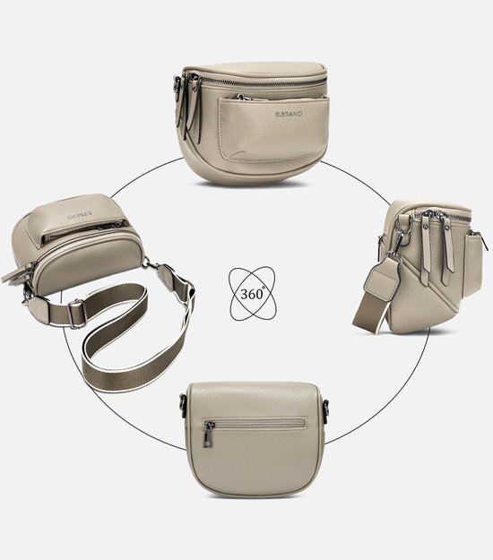 360 graden weergave van een beige Eleganci heuptas van zacht vegan leer. Toont de voor-, achter-, zij- en bovenkant.