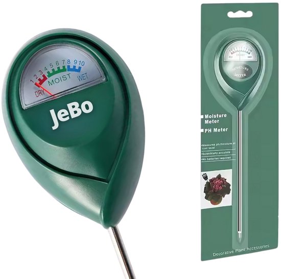 Groene vochtmeter met schaal 1-10 (droog tot nat) naast verpakking.