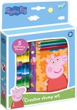 Peppa Pig creatieve stempelset met 5 zelfinktende stempels, 3 potloden en Peppa Pig illustraties.
