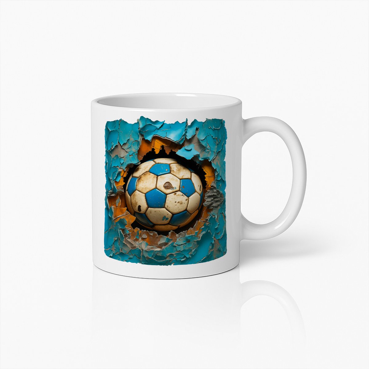 3D Voetbal Mok – Sport Koffiebeker met Gebarsten Muur Voetbal Ontwerp
