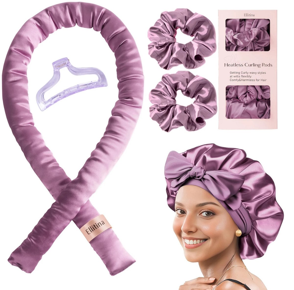 Bovista Zijden Slaapmuts - Satijnen Nachtmuts - Silk Bonnet - Sleep Cap - Haarverzorging - Satin - Verstelbaar - Voor Zacht & Stralend Haar - 5-Delige Set - Paars