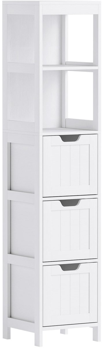 Merax Hoge Badkamerkast Wit – 142 cm – Toiletkast Smal Met 3 Lades en 2 Open Vakken – Staande Badkamermeubel Voor Kleine Ruimtes