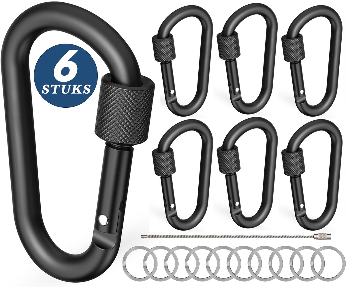 6 Stuks 78mm Karabijnhaken met Schroefsluiting - Sleutelringen - Carabijn Sleutelhangers - Zwarte Musketonhaak - Musketon D-vorm Carabiner met Staaldraad - Grote Karabijn haak - Karabijnsluitingen en ringetjes - Aluminium Carabijnhaak