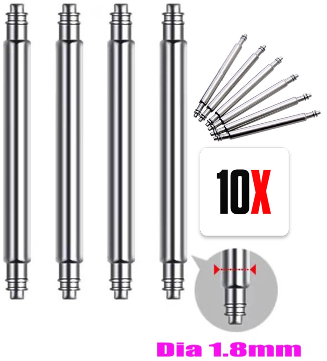 Actie4you® - Springbar - Horloge pin - Horlogeband Pinnen - 10 Stuks - 1.8MM DIKTE - 20MM