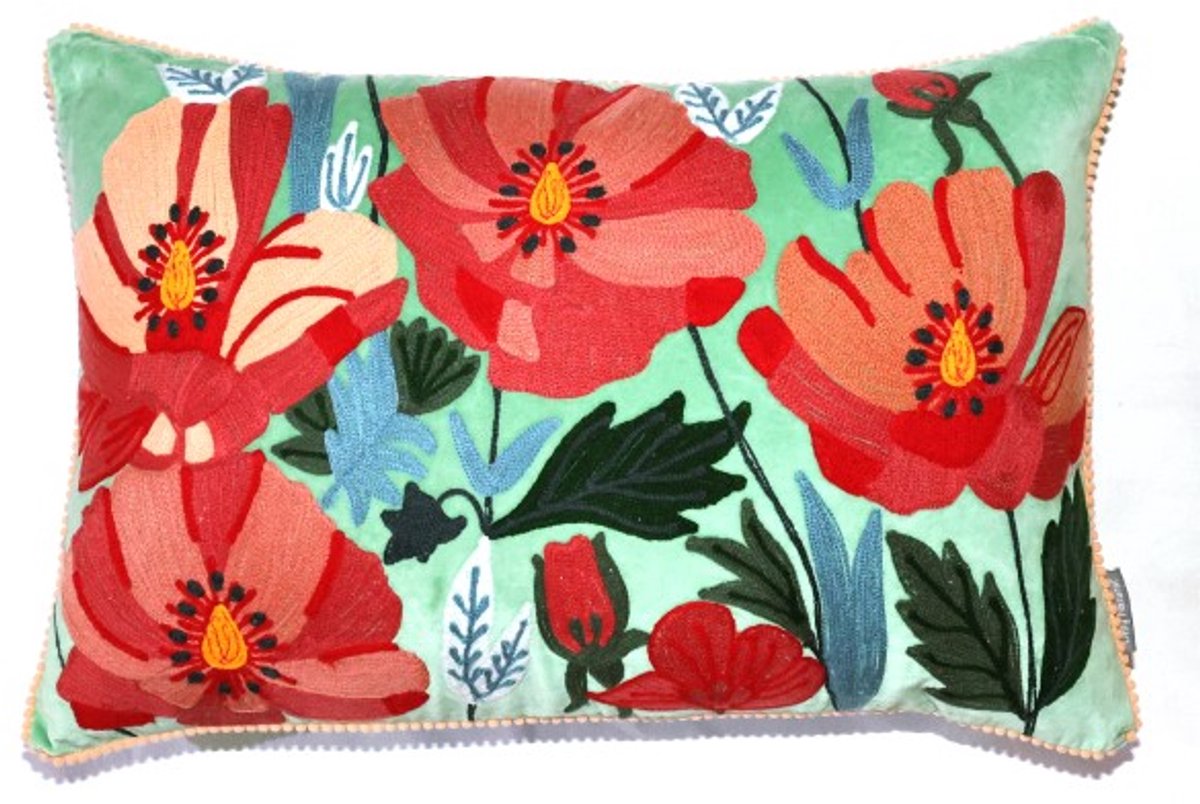 Only Natural sierkussen kussen velvet fluweel turquoise met grote bloemen 40 x 60 cm