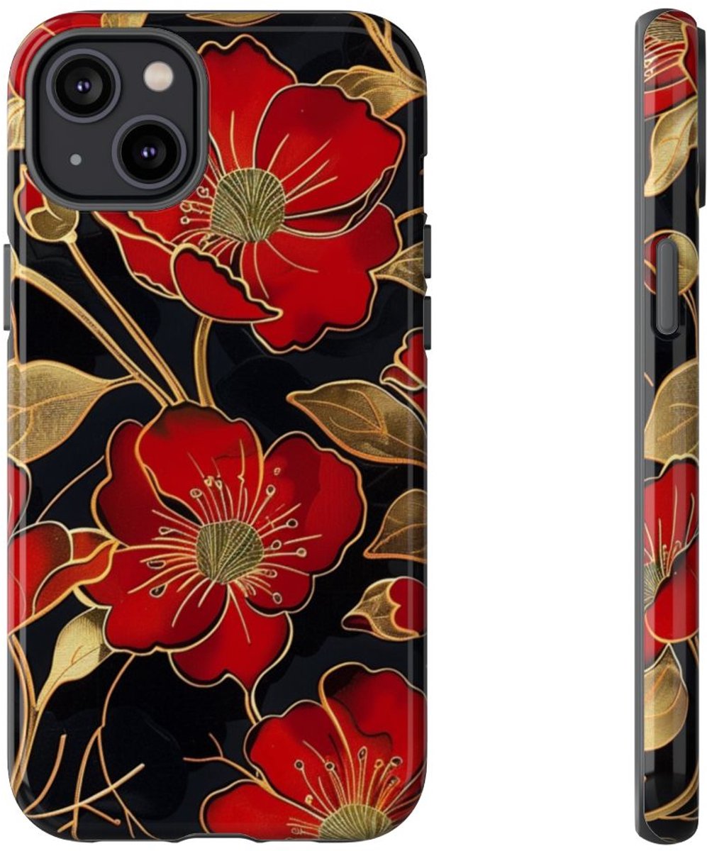 Rood-Gouden Bloemenpatroon – Telefoonhoesje Geschikt voor iPhone 14 Plus