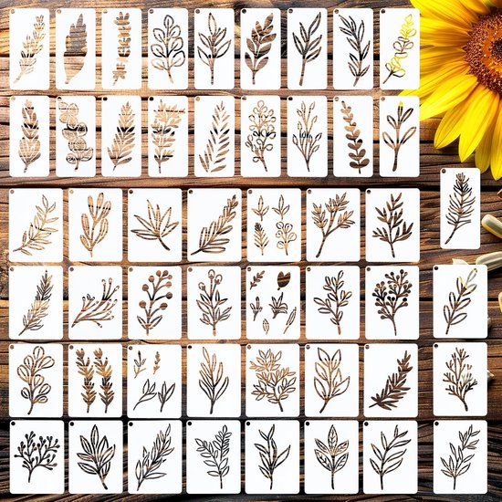 Foto: 50 stuks bladeren bloemensjablonen herbruikbare bladschildersjablonen sjablonen sjablonen textielvormgeving doe het zelf sjablonen schilderen voor hout vloer muur en tegels