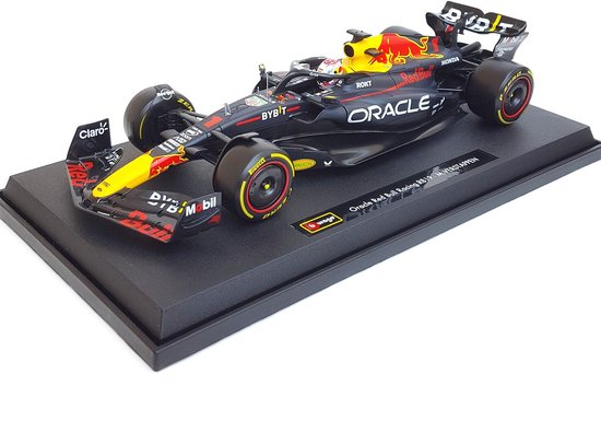 Bburago Red Bull Racing RB19 Max Verstappen modelauto, schaal 1:18. Zwart met rode en gele accenten.