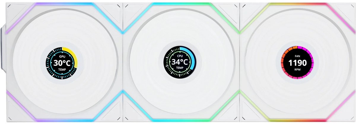 Lian Li UNI FAN TL Wireless ARGB LCD White 3-IN-1 - 3-pack - 120mm - 61.68 cfm - 350 - 1900 rpm - 27 dBA - Incl. LCD scherm - Incl. L-Wireless Controller - 4-pin PWM - Wit