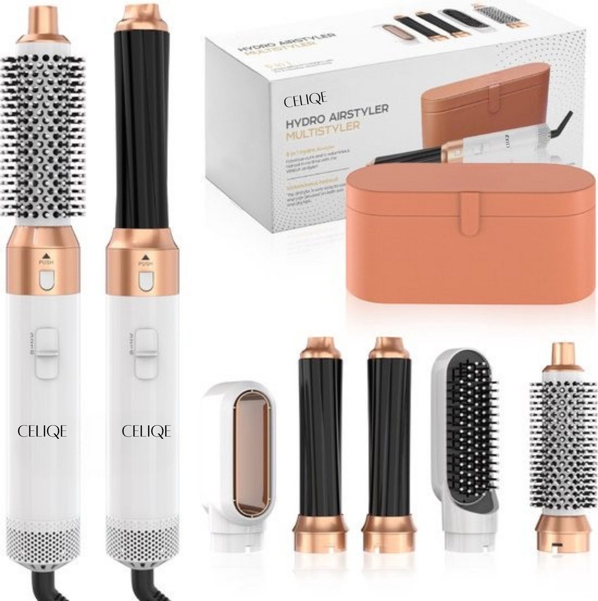 Celiqe™ Föhnborstel - Airstyler - Krulborstel - Warmteborstel - 5 in 1 Multistyler - Met Opbergcase Bruin - Wit Met Goud
