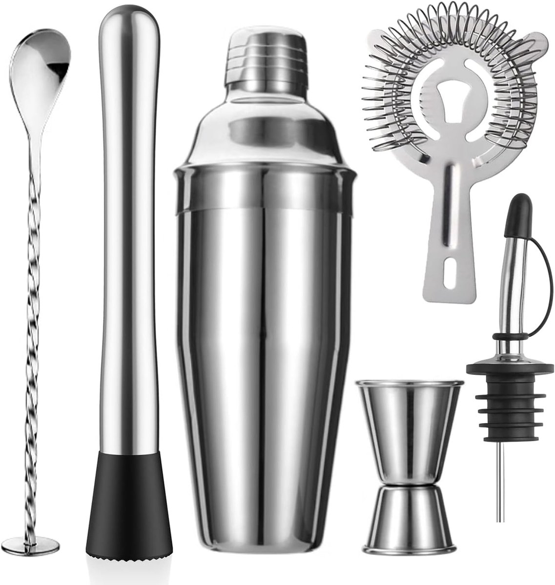 Set van 6 stuks - Cocktail Mixer Set ongeveer 750 ml - Shaker Cup Filter Mixer Mix Lepel Omkeerd Mixer Set - RVS Mixer Set