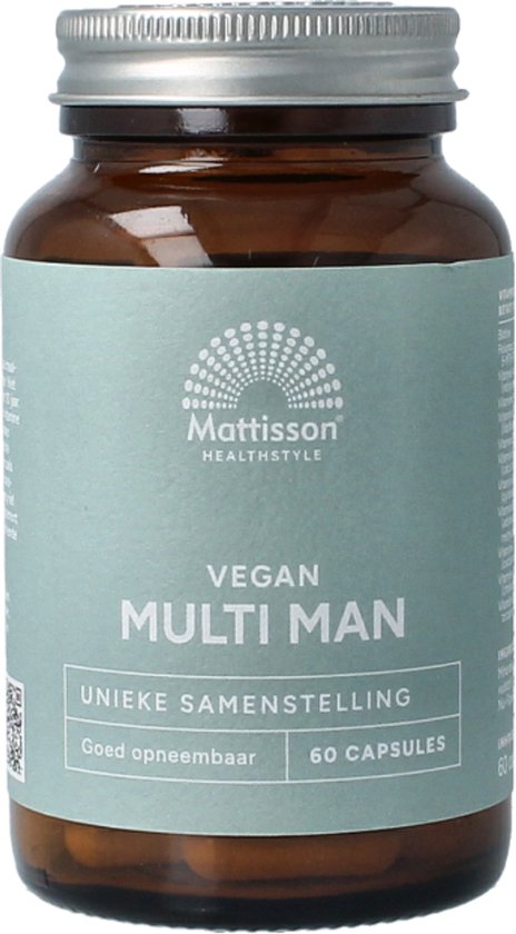 Mattisson Vegan Multi Man, 60 capsules. Bruine glazen pot met mintgroen etiket.