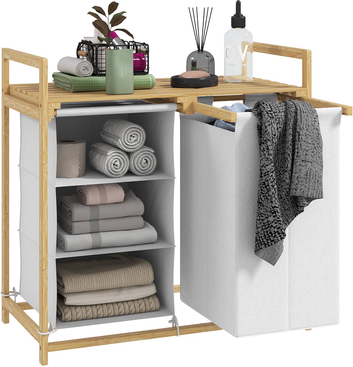HOMCOM-Wäschekorb-Bambus, Vliesstoff-70L x 36B x 70H cm-Weiß