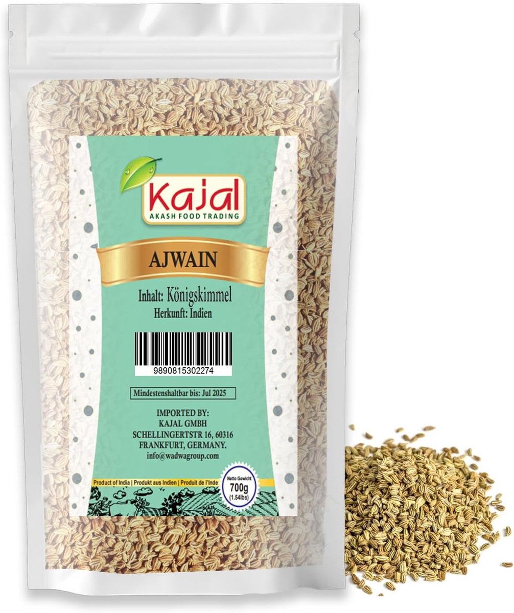 Ajwain Zaden 700g - King Cumin / Ajowan | Authentieke Indiase Specerij Voor Koken, Tadka & Ayurveda| Zuivere Zaden, Sterke, Aromatische Smaak met Kajal Sticker